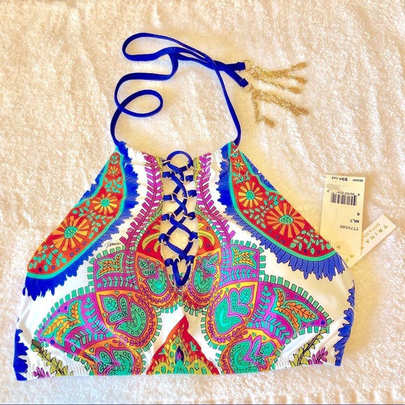NWT-Trina Turk Halter Bikini TOP-with Gold Charms -Sz 8 - Picture 2 of 5